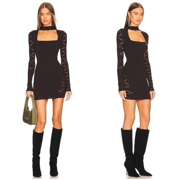 New! Michael Costello x REVOLVE Brylie Mock Neck Mini Dress Chocolate Brown 🤎NWT - Picture 1 of 11
